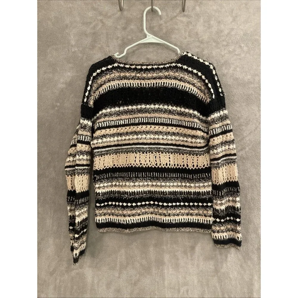 Vtg  Christopher & Banks Hand Knit Cardigan Sweater Women’s M Black, White & Tan